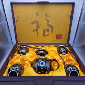CHINESE BLACK PORCELAIN TEA SET GOLD FLORAL 6PC TEAPOT CUPS GIFT BOX TORN BOX